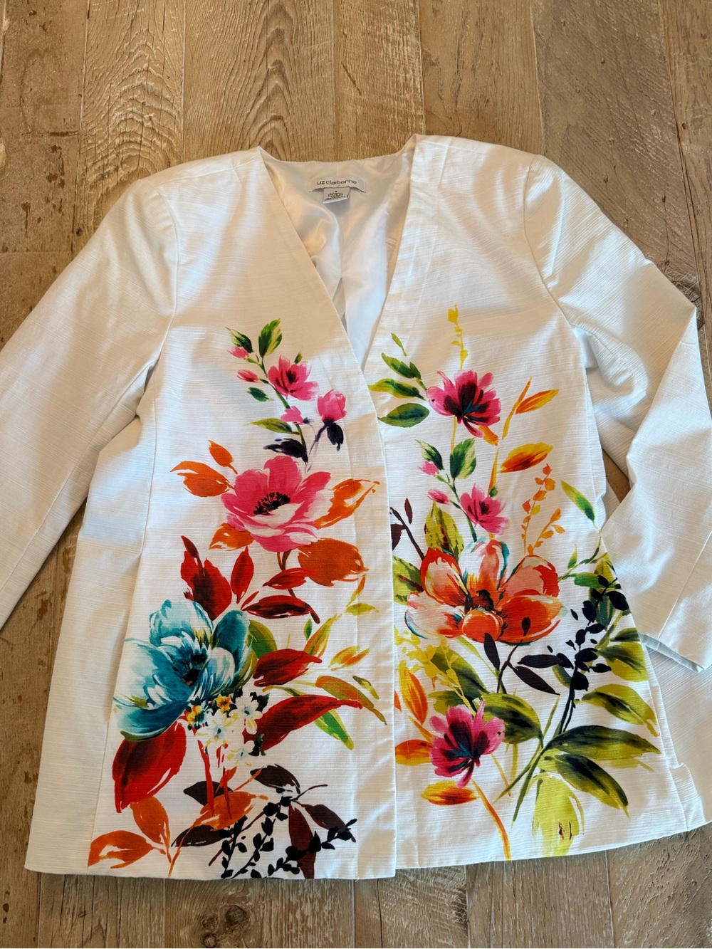 Liz Claiborne White Floral V-Neck Blazer with Multicolor Print S
